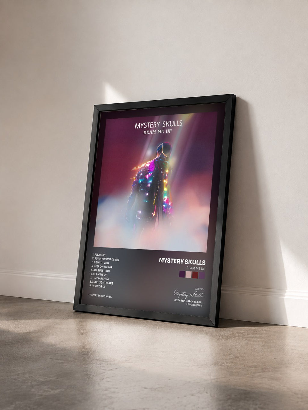 #noir Tableau de l'album Beam Me Up de Mystery Skulls vu de trois quarts, cadre noir