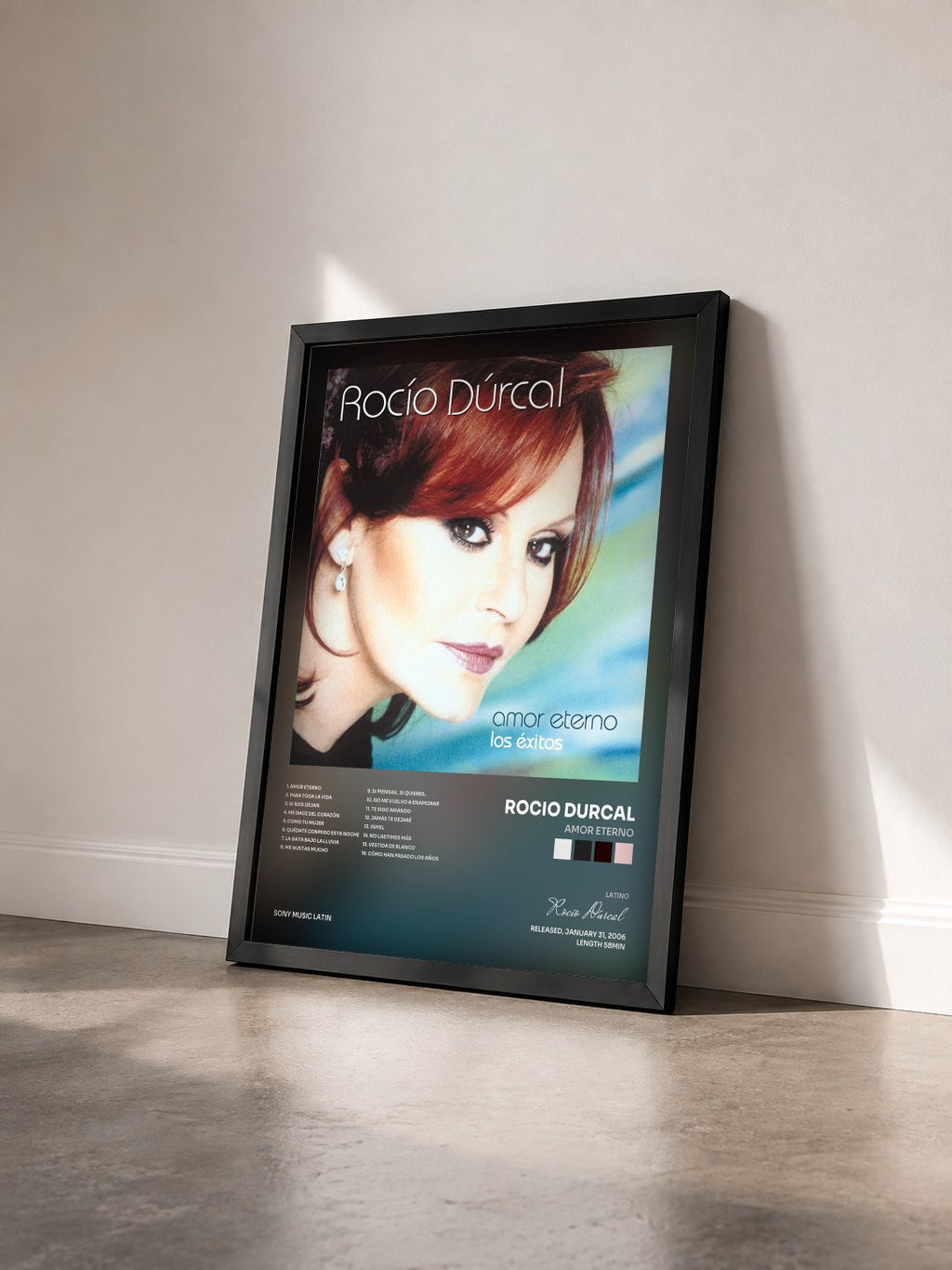 #noir Tableau de l'album Amor Eterno de Rocio Durcal vu de trois quarts, cadre noir