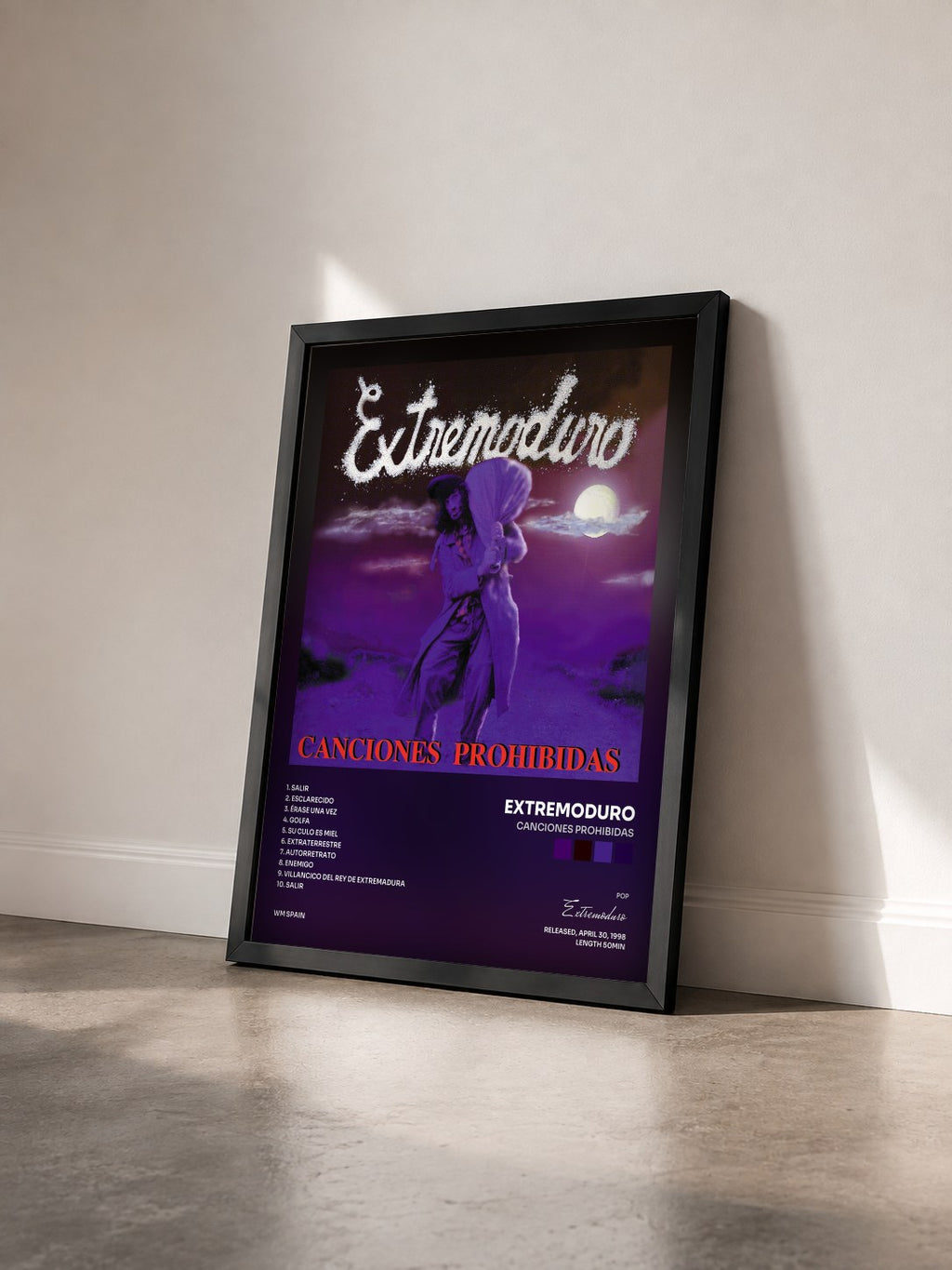 #noir Tableau de l'album Canciones Prohibidas de Extremoduro vu de trois quarts, cadre noir