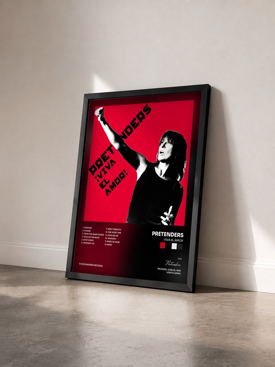 #noir Tableau de l'album Viva El Amor de Pretenders vu de trois quarts, cadre noir