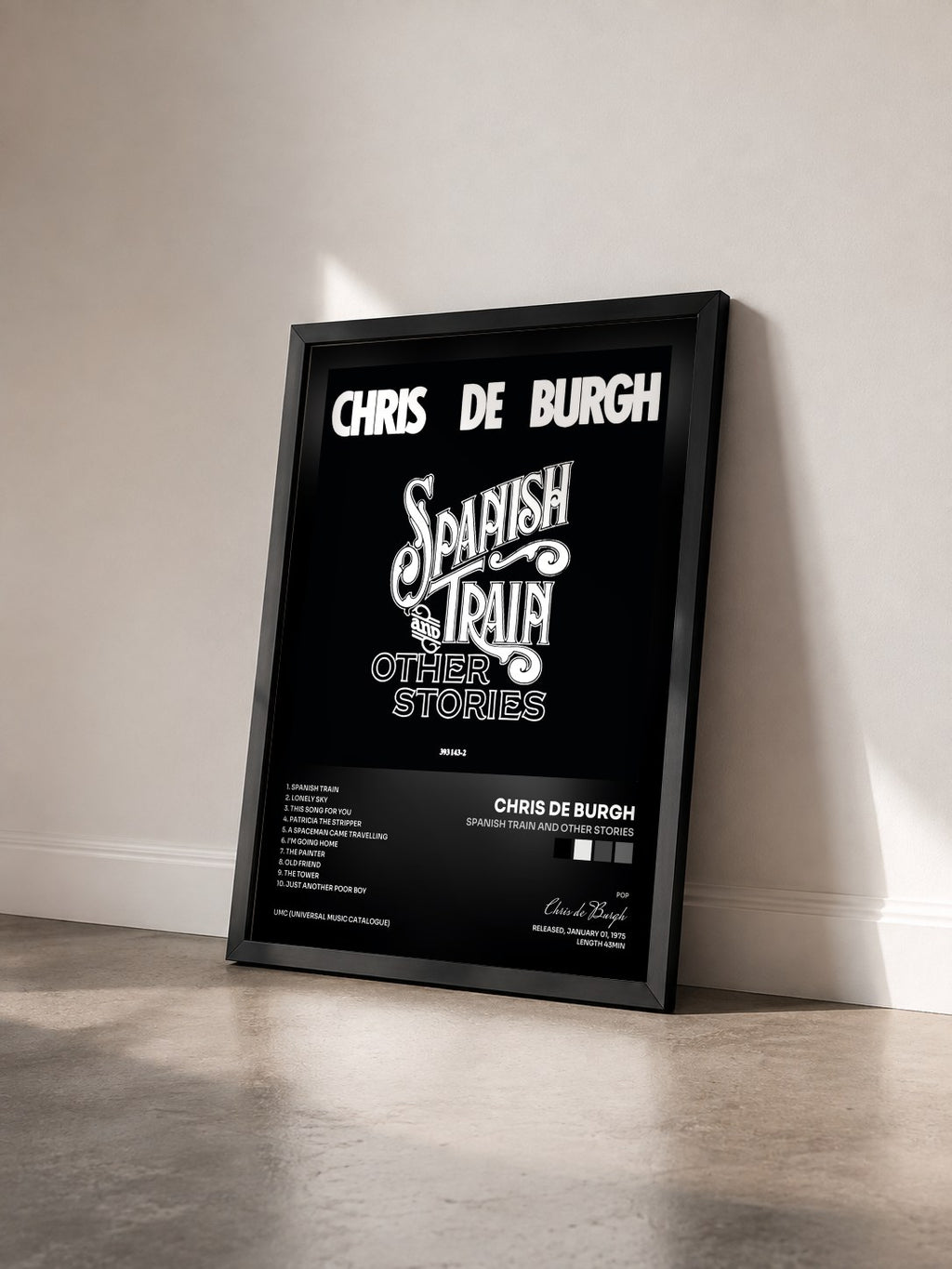 #noir Tableau de l'album Spanish Train And Other Stories de Chris de Burgh vu de trois quarts, cadre noir