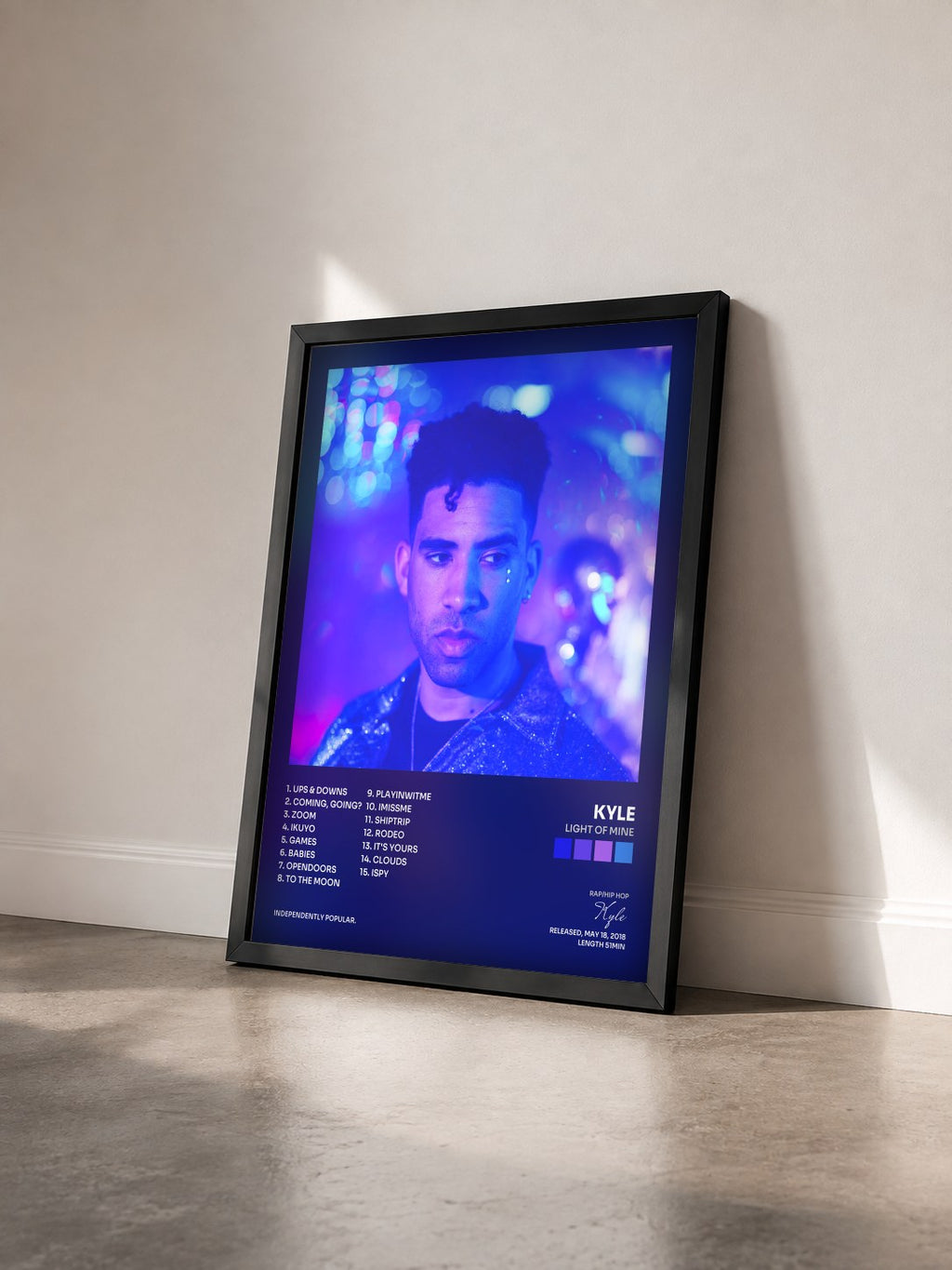 #noir Tableau de l'album Light of Mine de Kyle vu de trois quarts, cadre noir
