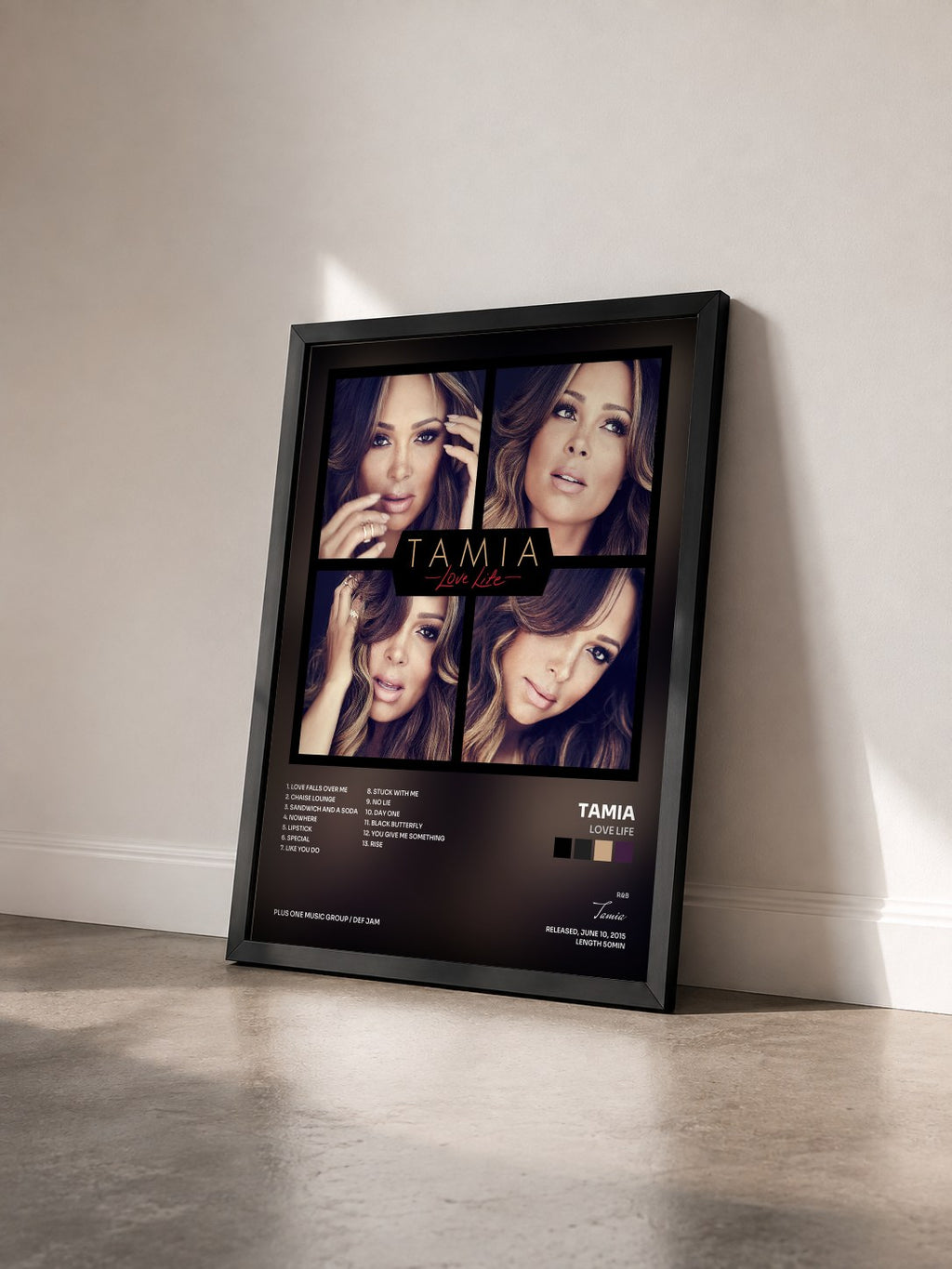 #noir Tableau de l'album Love Life de Tamia vu de trois quarts, cadre noir