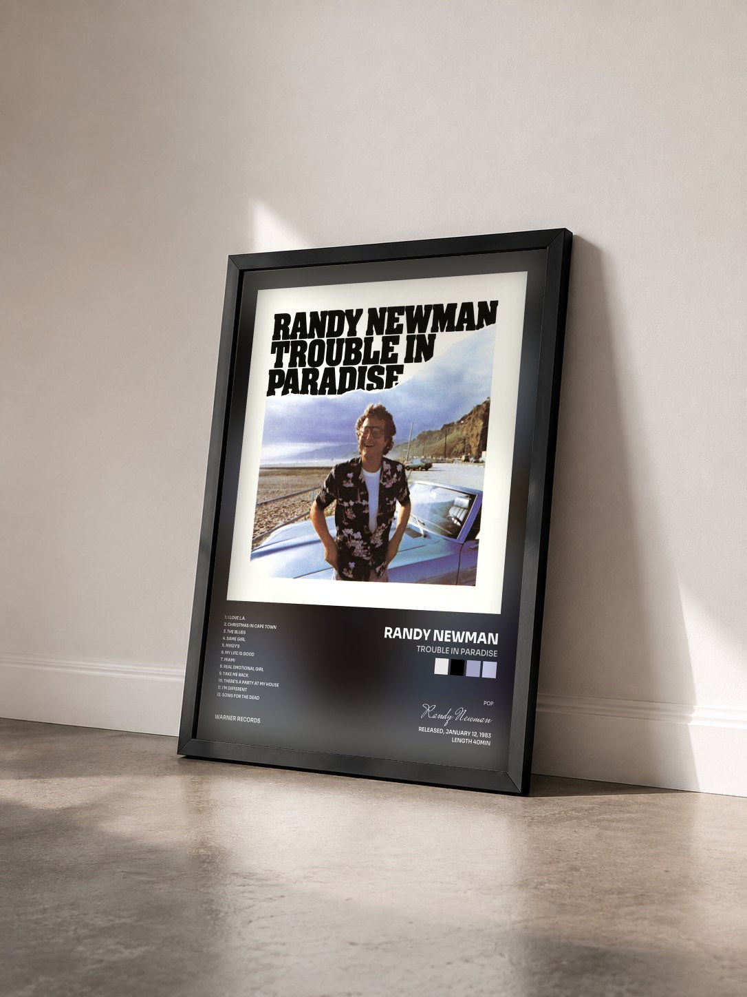 #noir Tableau de l'album Trouble in Paradise de Randy Newman vu de trois quarts, cadre noir