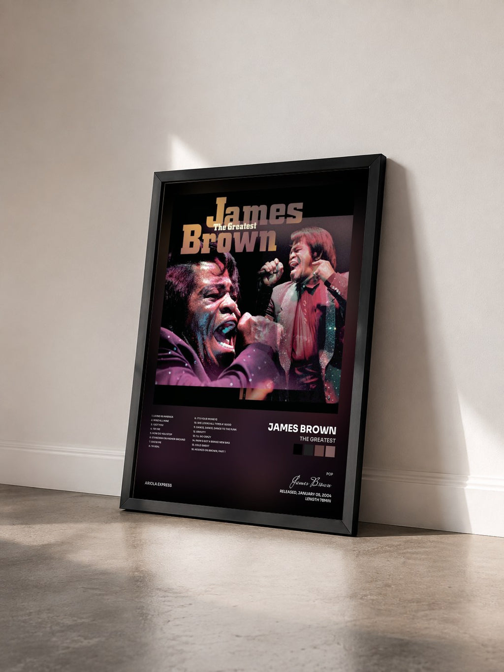 #noir Tableau de l'album The Greatest de James Brown vu de trois quarts, cadre noir