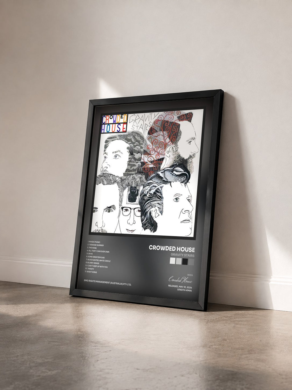 #noir Tableau de l'album Gravity Stairs de Crowded House vu de trois quarts, cadre noir