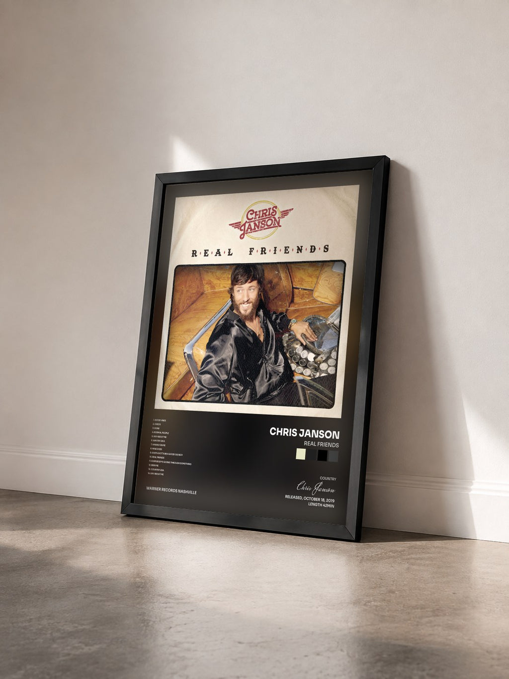 #noir Tableau de l'album Real Friends de Chris Janson vu de trois quarts, cadre noir