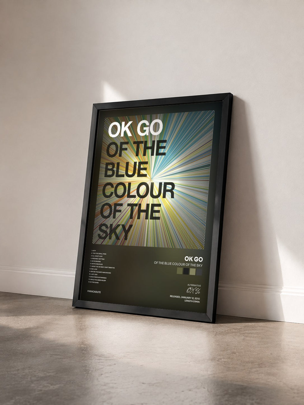 #noir Tableau de l'album Of the Blue Colour of the Sky de OK Go vu de trois quarts, cadre noir