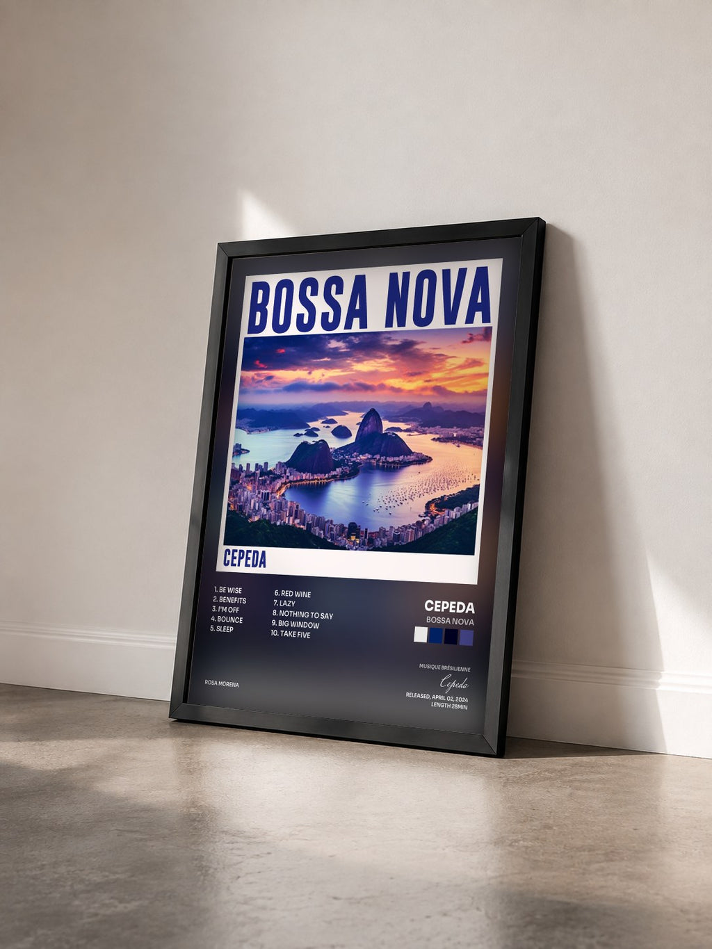 #noir Tableau de l'album Bossa Nova de Cepeda vu de trois quarts, cadre noir