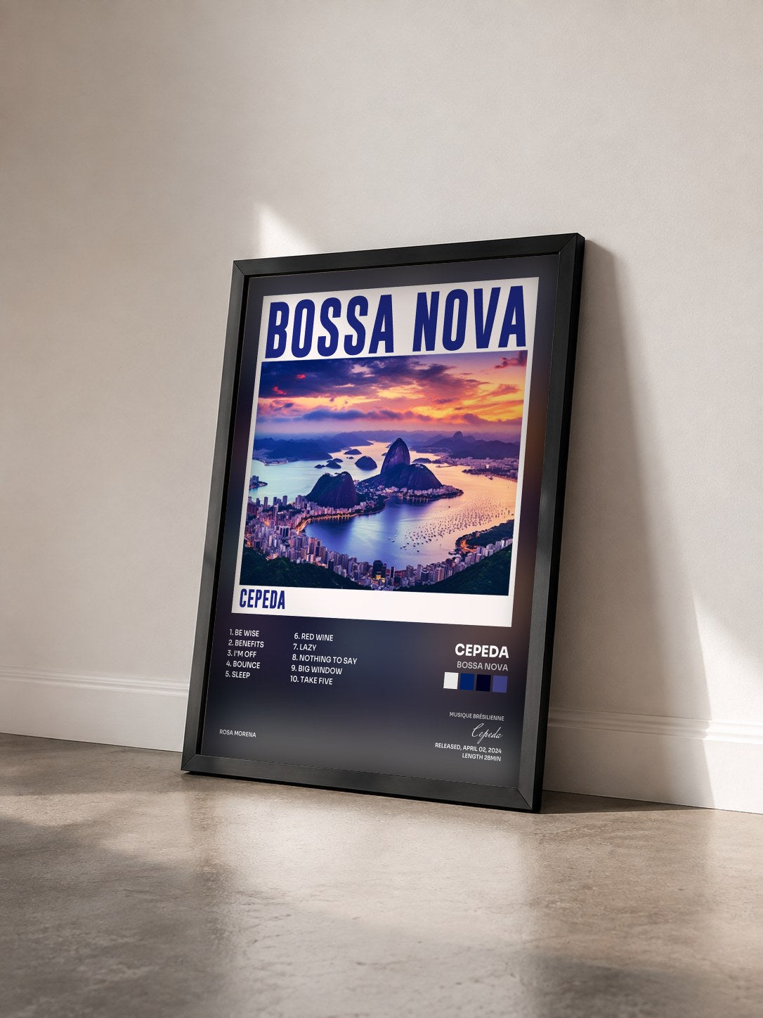 #noir Tableau de l'album Bossa Nova de Cepeda vu de trois quarts, cadre noir