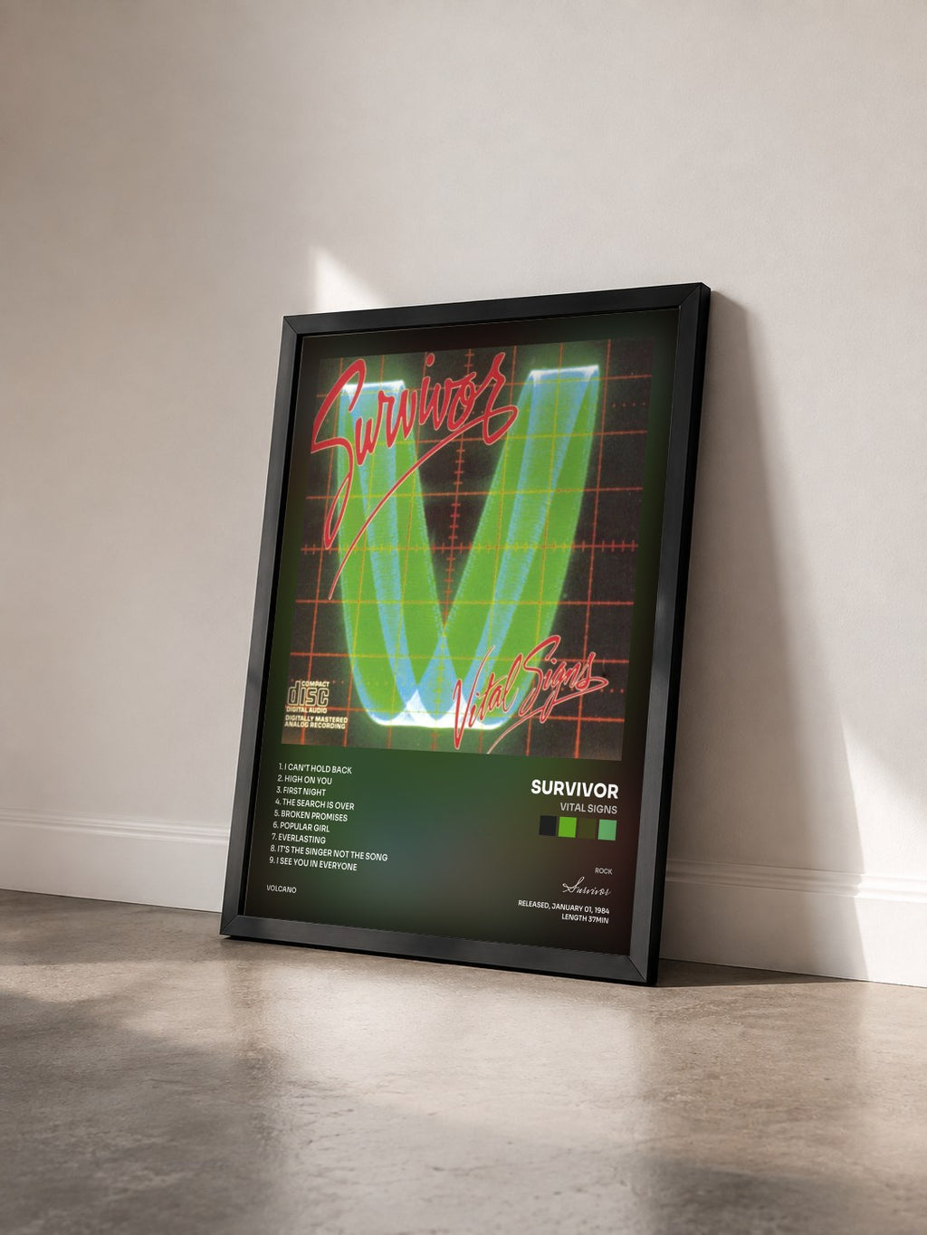 #noir Tableau de l'album Vital Signs de Survivor vu de trois quarts, cadre noir