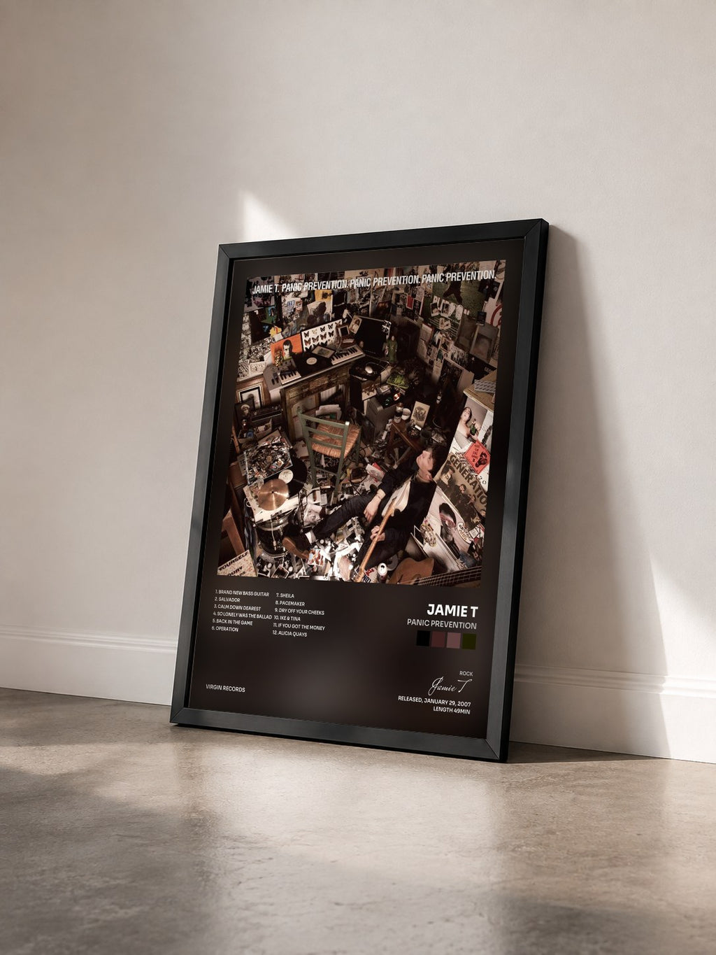 #noir Tableau de l'album Panic Prevention de Jamie T vu de trois quarts, cadre noir