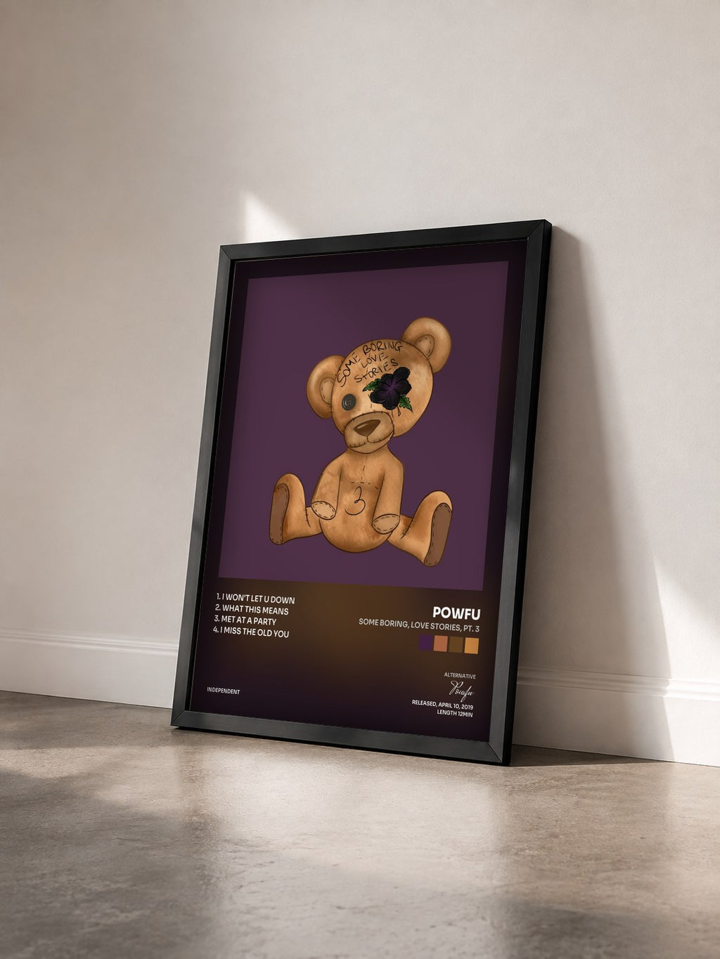 #noir Tableau de l'album Some Boring, Love Stories, Pt. 3 de Powfu vu de trois quarts, cadre noir