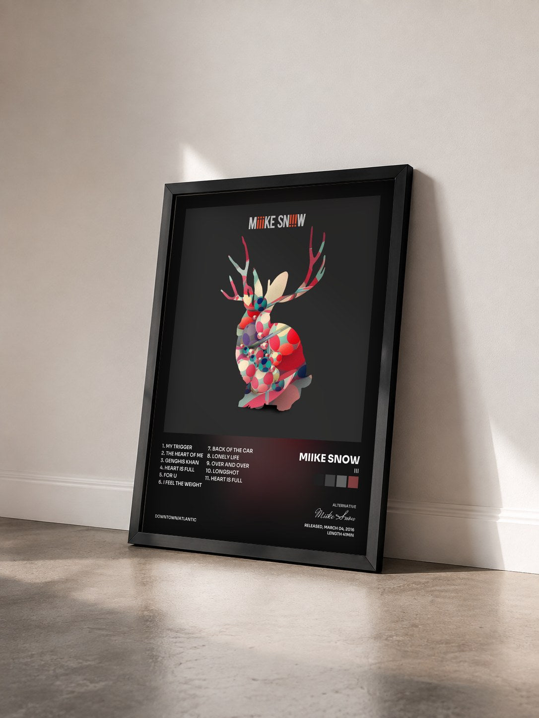 #noir Tableau de l'album iii de Miike Snow vu de trois quarts, cadre noir