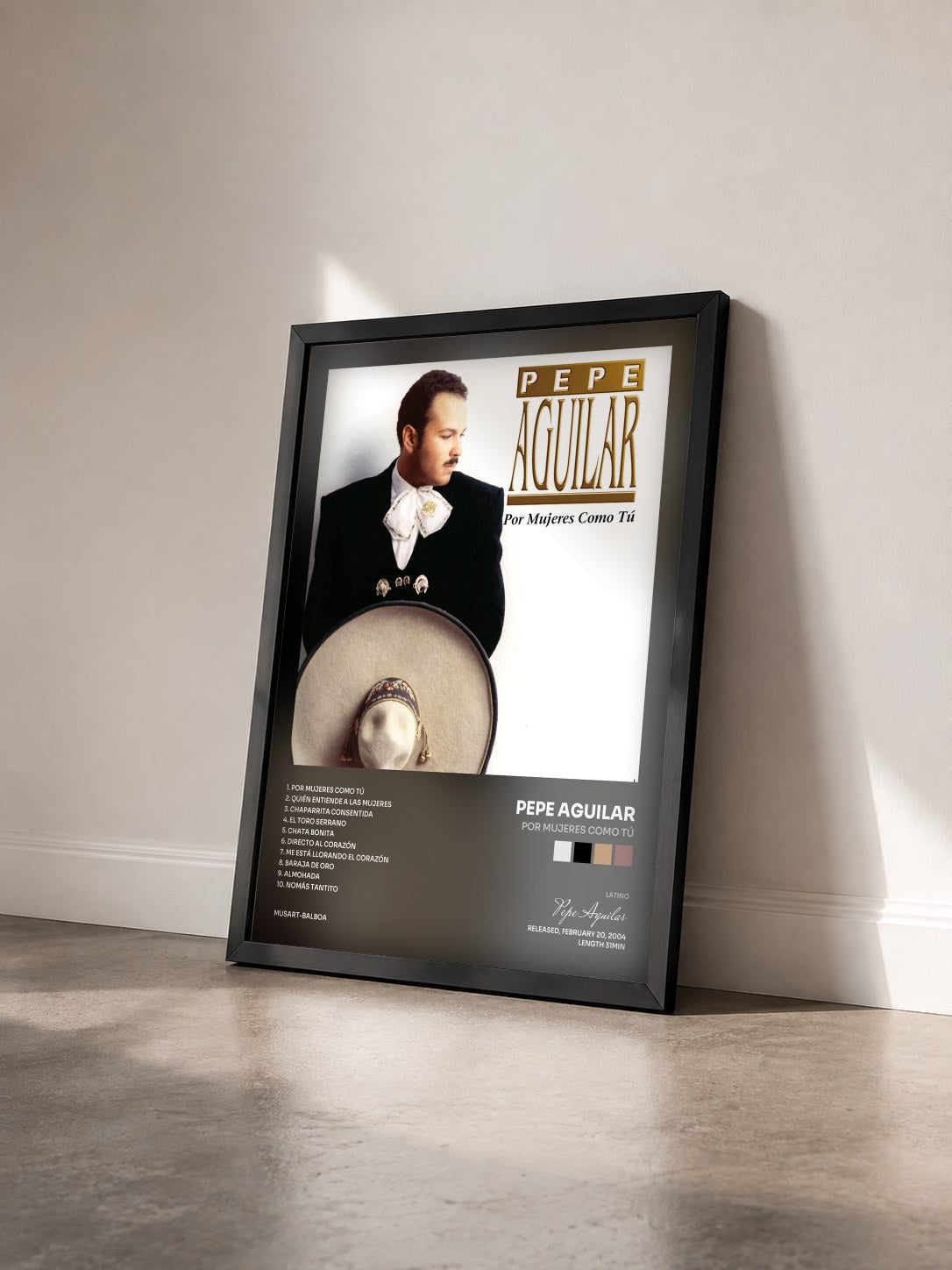 #noir Tableau de l'album Por Mujeres Como Tú de Pepe Aguilar vu de trois quarts, cadre noir