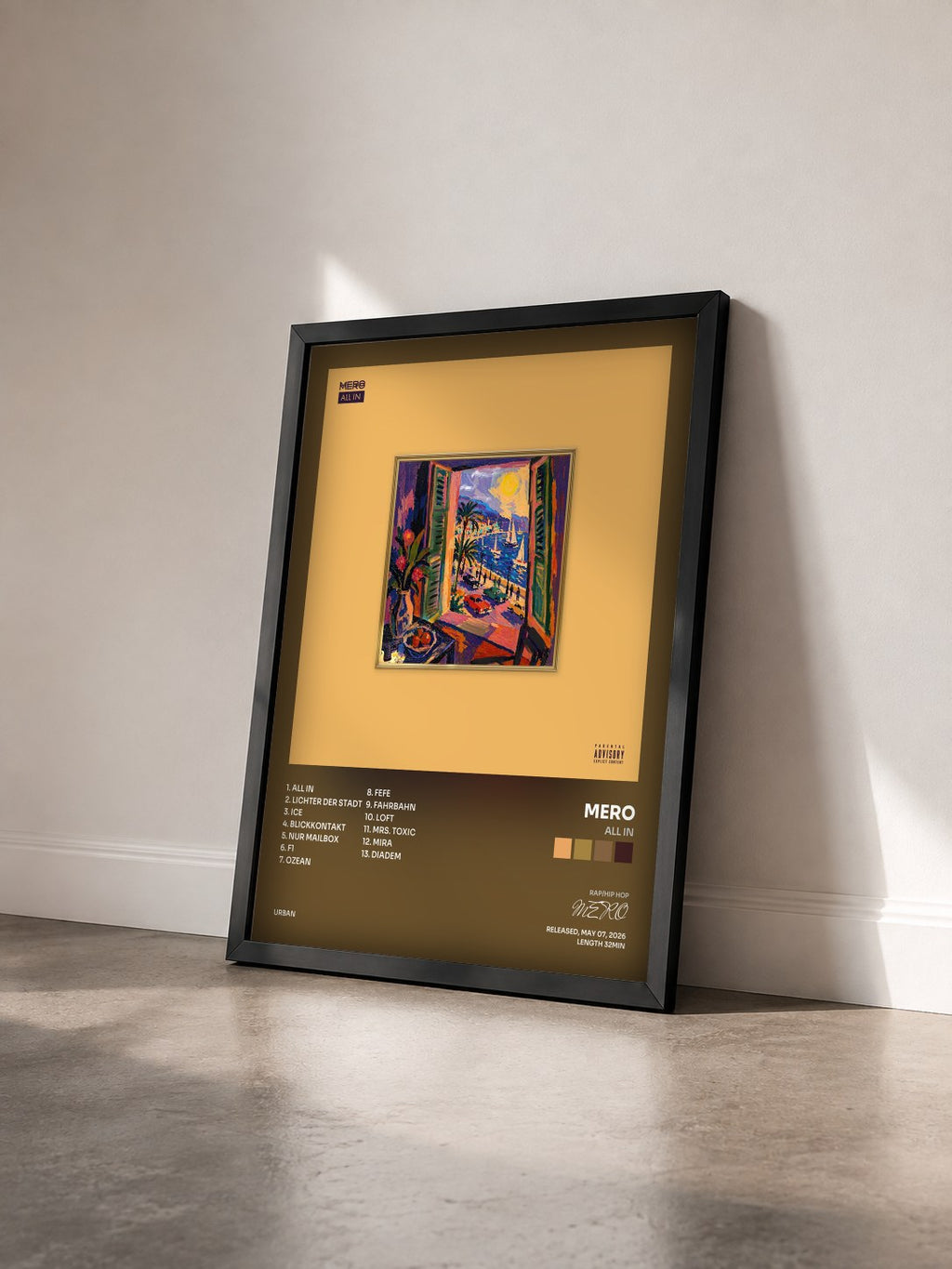 #noir Tableau de l'album ALL IN de MERO vu de trois quarts, cadre noir