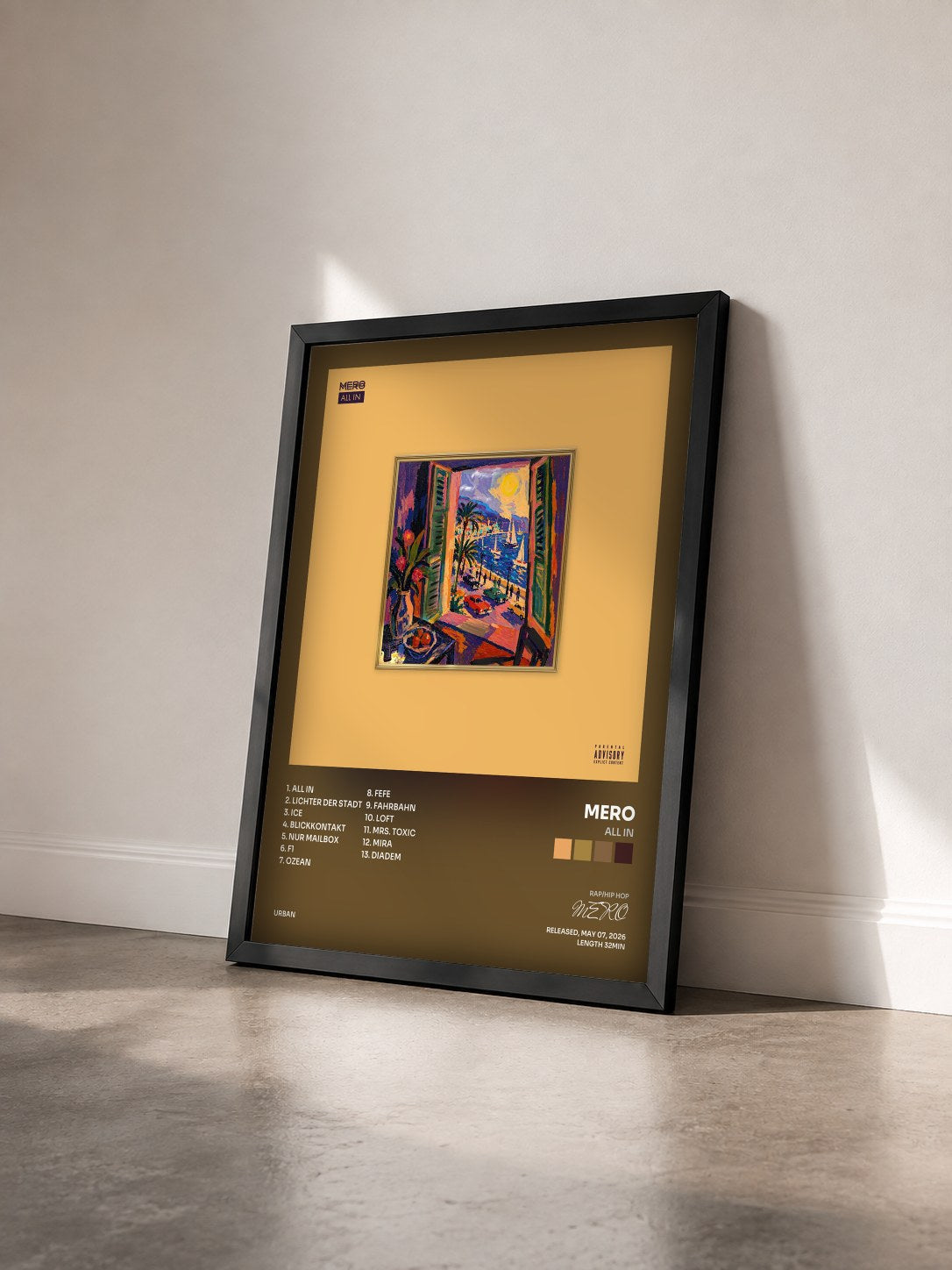 #noir Tableau de l'album ALL IN de MERO vu de trois quarts, cadre noir