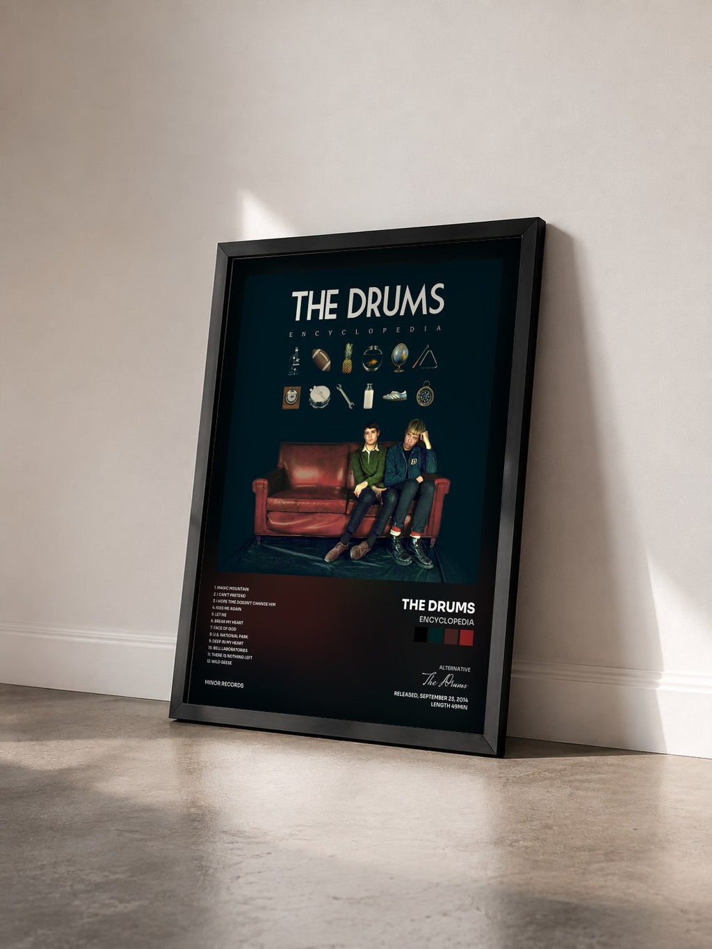 #noir Tableau de l'album Encyclopedia de The Drums vu de trois quarts, cadre noir
