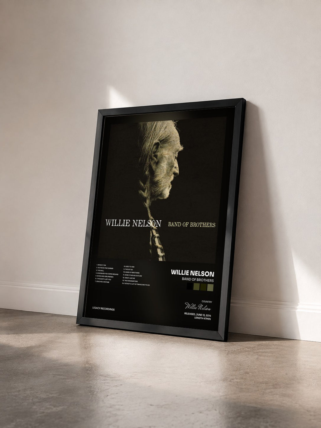 #noir Tableau de l'album Band of Brothers de Willie Nelson vu de trois quarts, cadre noir