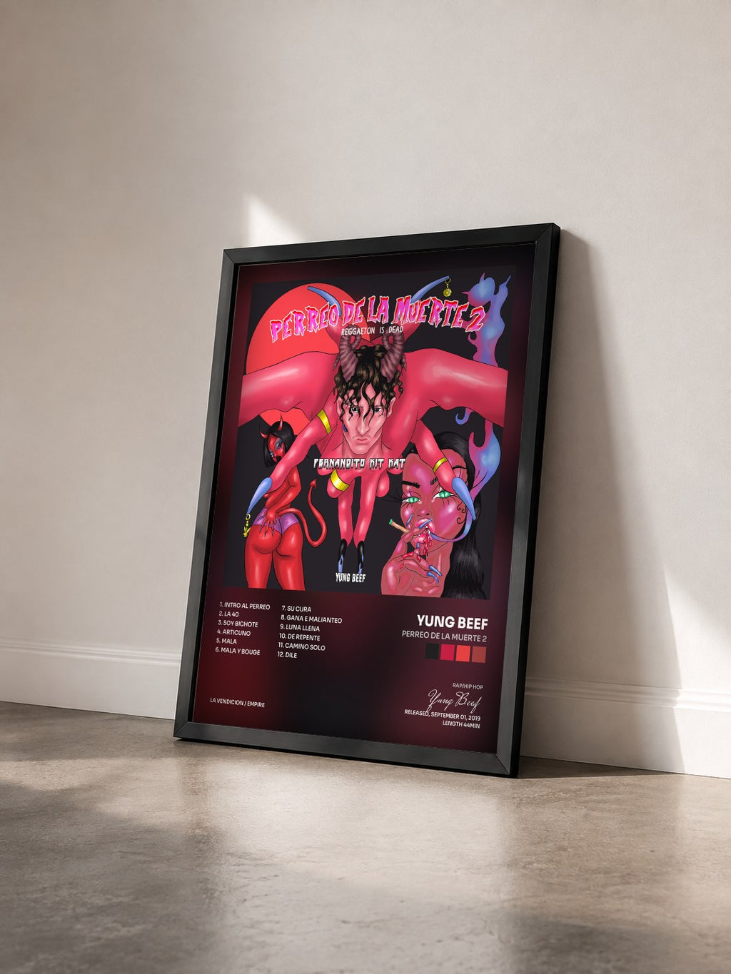 #noir Tableau de l'album Perreo De La Muerte 2 de Yung Beef vu de trois quarts, cadre noir