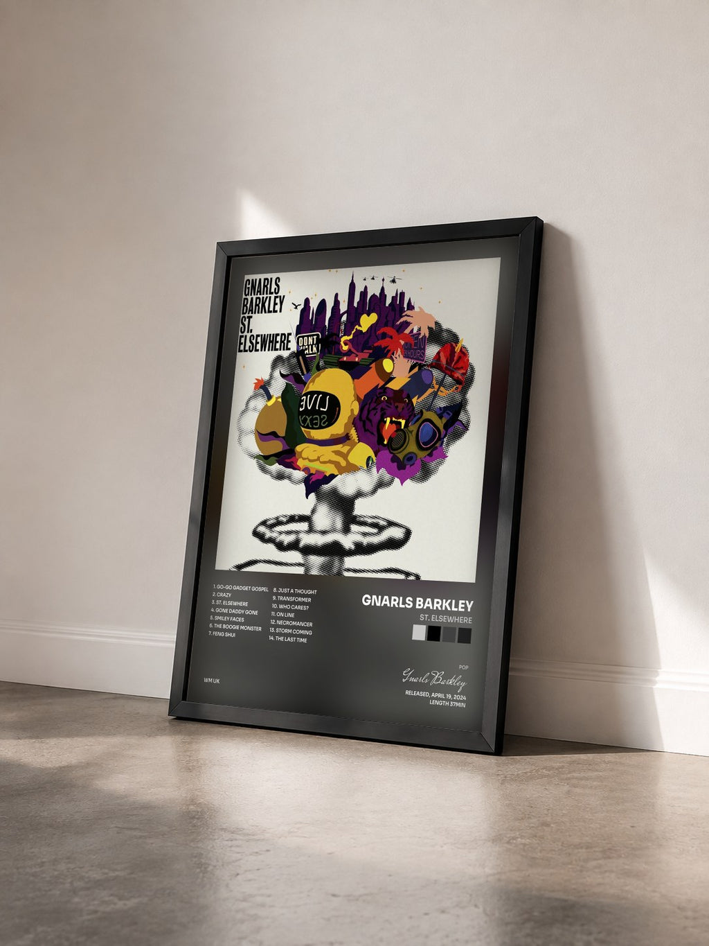 #noir Tableau de l'album St. Elsewhere de Gnarls Barkley vu de trois quarts, cadre noir