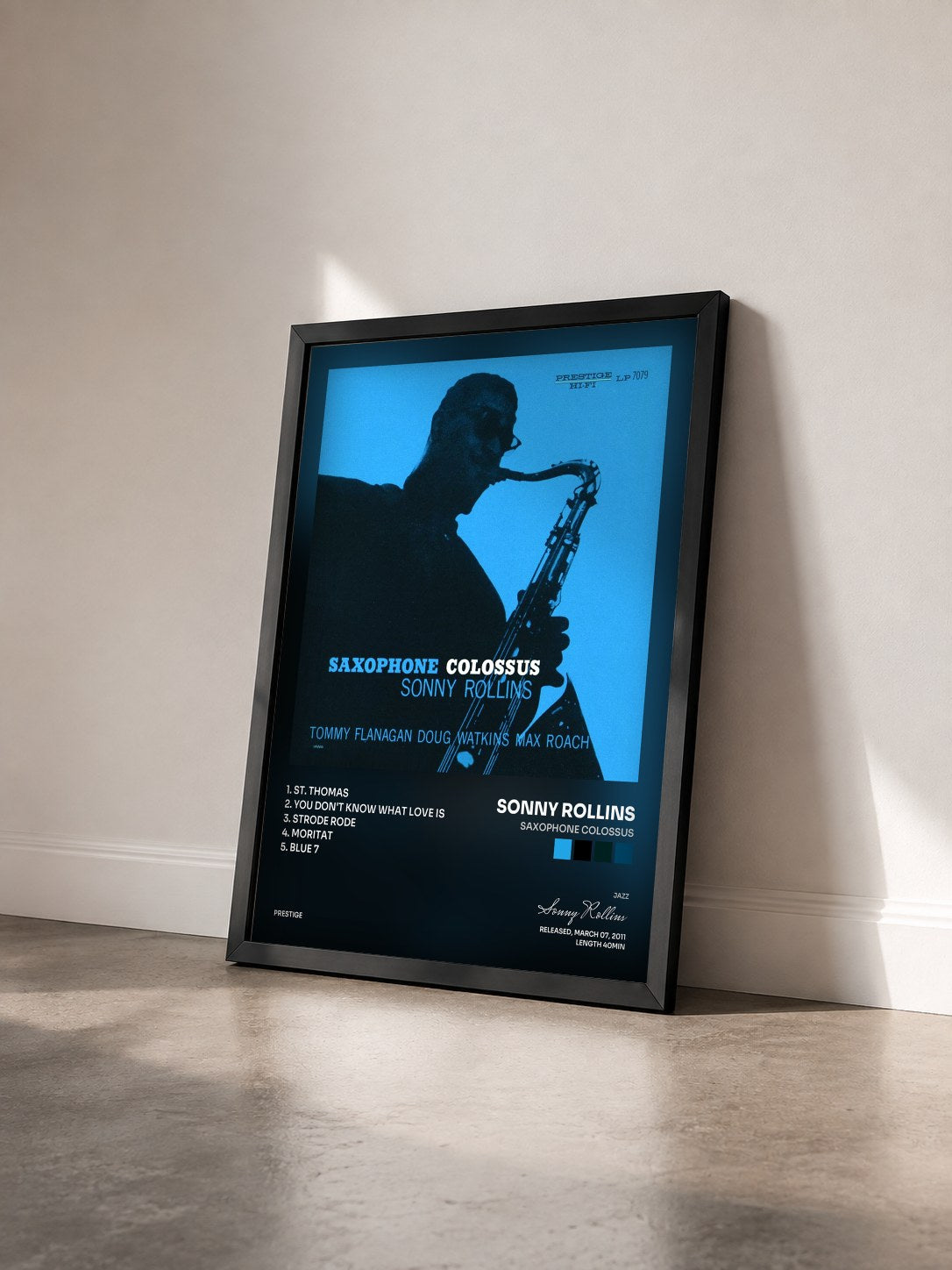 #noir Tableau de l'album Saxophone Colossus de Sonny Rollins vu de trois quarts, cadre noir