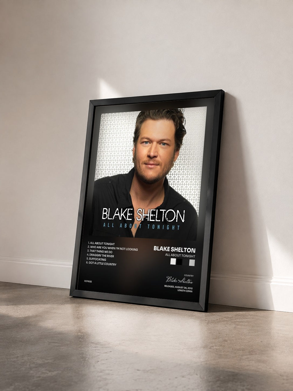 #noir Tableau de l'album All About Tonight de Blake Shelton vu de trois quarts, cadre noir