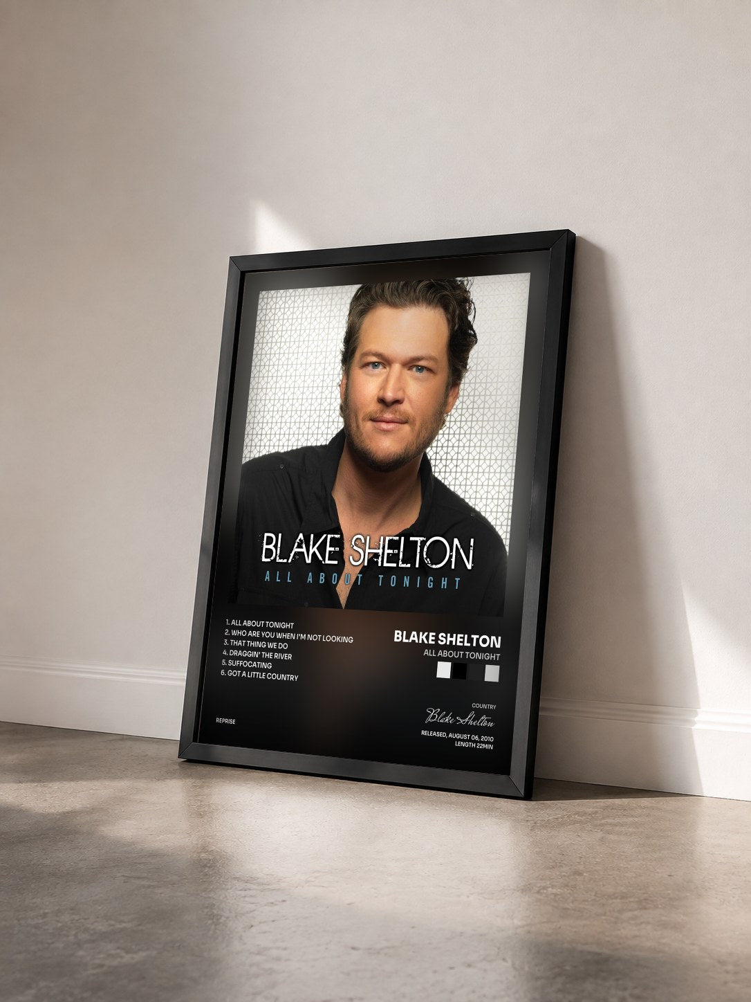 #noir Tableau de l'album All About Tonight de Blake Shelton vu de trois quarts, cadre noir
