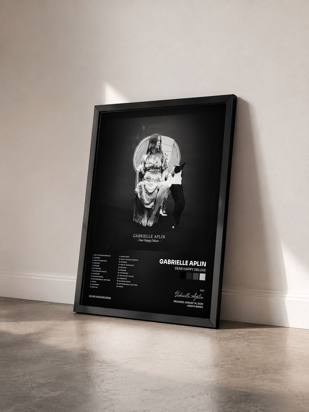 #noir Tableau de l'album Dear Happy Deluxe de Gabrielle Aplin vu de trois quarts, cadre noir