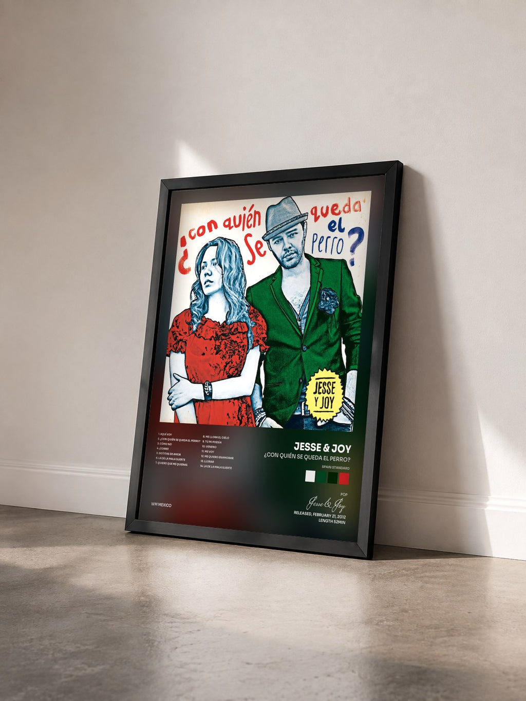 #noir Tableau de l'album ¿Con quién se queda el perro? (Spain Standard) de Jesse & Joy vu de trois quarts, cadre noir