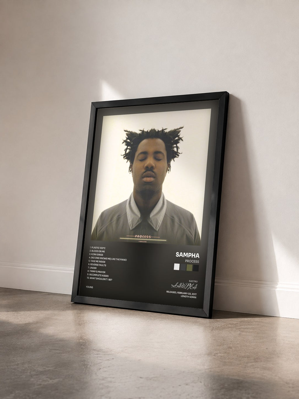 #noir Tableau de l'album Process de SAMPHA vu de trois quarts, cadre noir