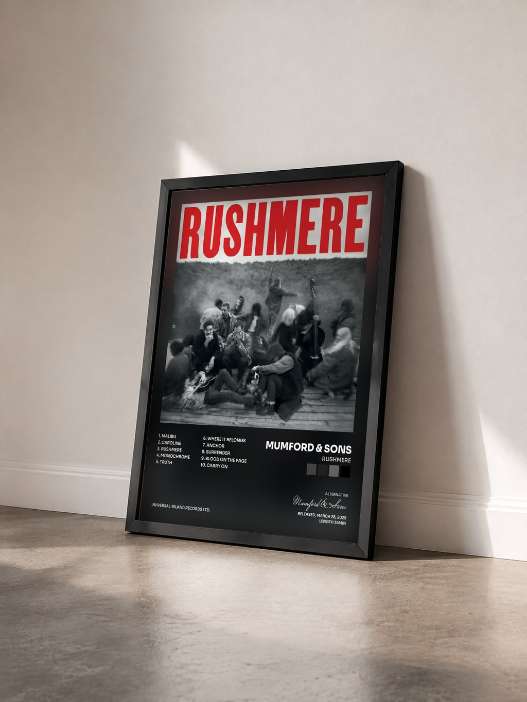 #noir Tableau de l'album RUSHMERE de Mumford & Sons vu de trois quarts, cadre noir