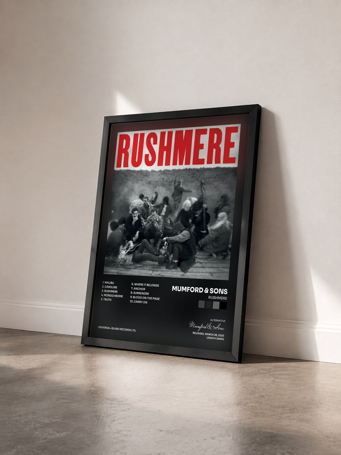 #noir Tableau de l'album RUSHMERE de Mumford & Sons vu de trois quarts, cadre noir
