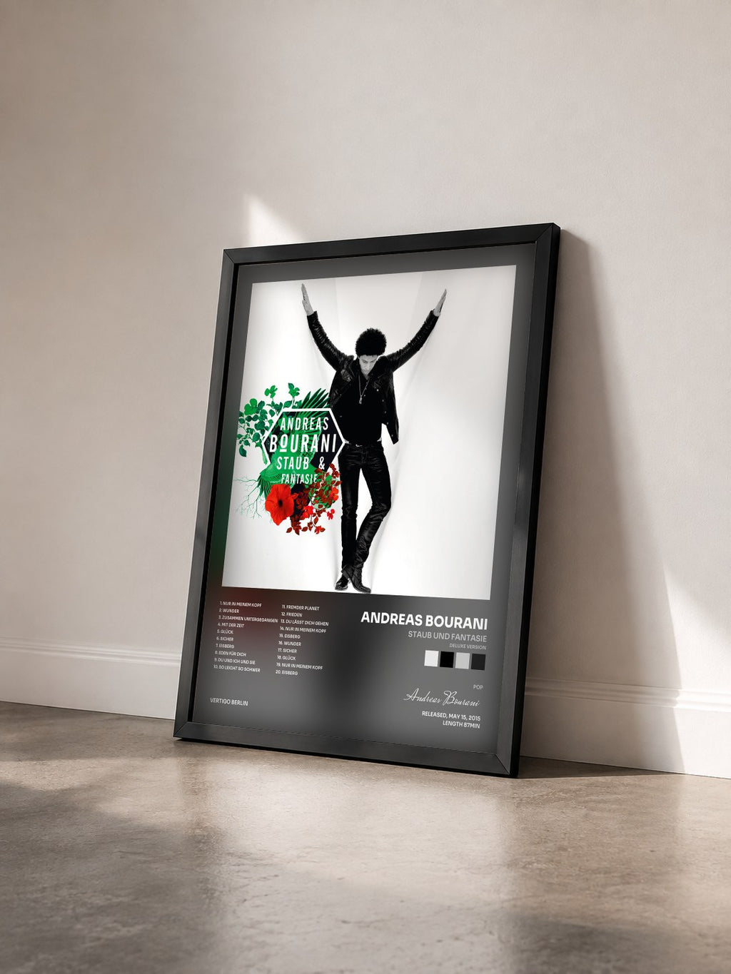 #noir Tableau de l'album Staub und Fantasie (Deluxe Version) de Andreas Bourani vu de trois quarts, cadre noir