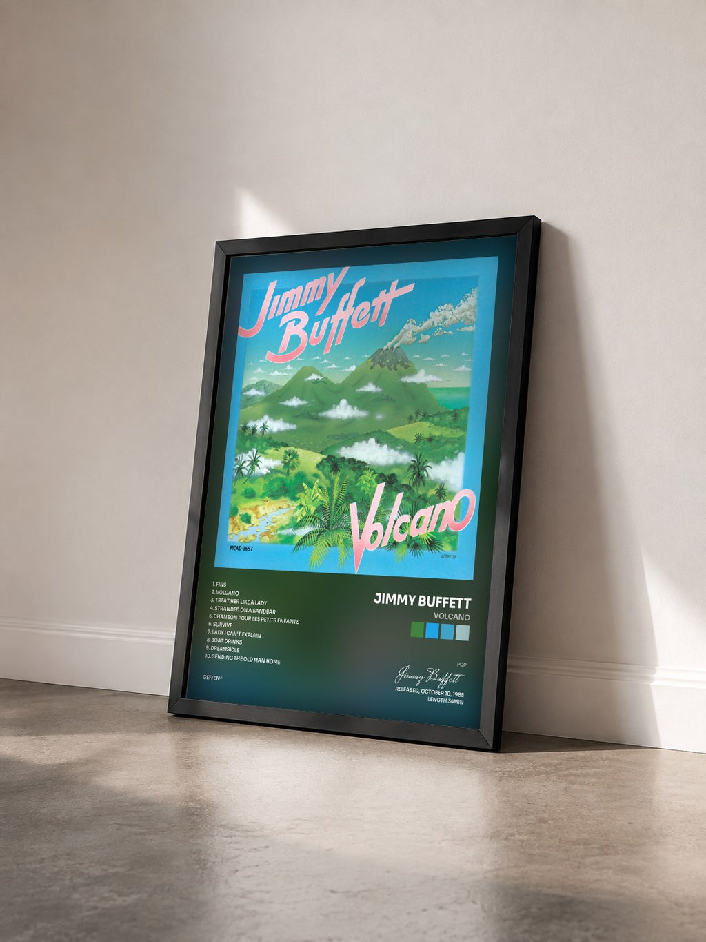 #noir Tableau de l'album Volcano de Jimmy Buffett vu de trois quarts, cadre noir