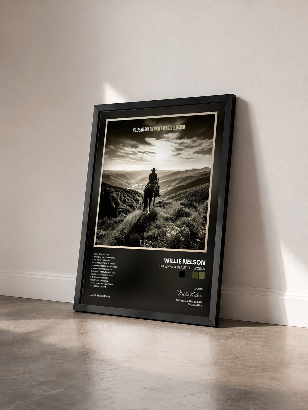 #noir Tableau de l'album Oh What A Beautiful World de Willie Nelson vu de trois quarts, cadre noir