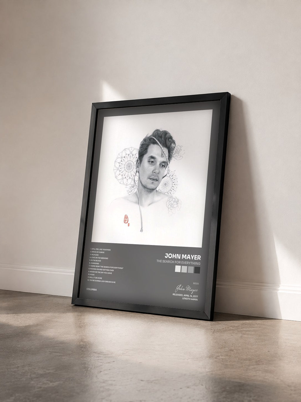 #noir Tableau de l'album The Search for Everything de John Mayer vu de trois quarts, cadre noir