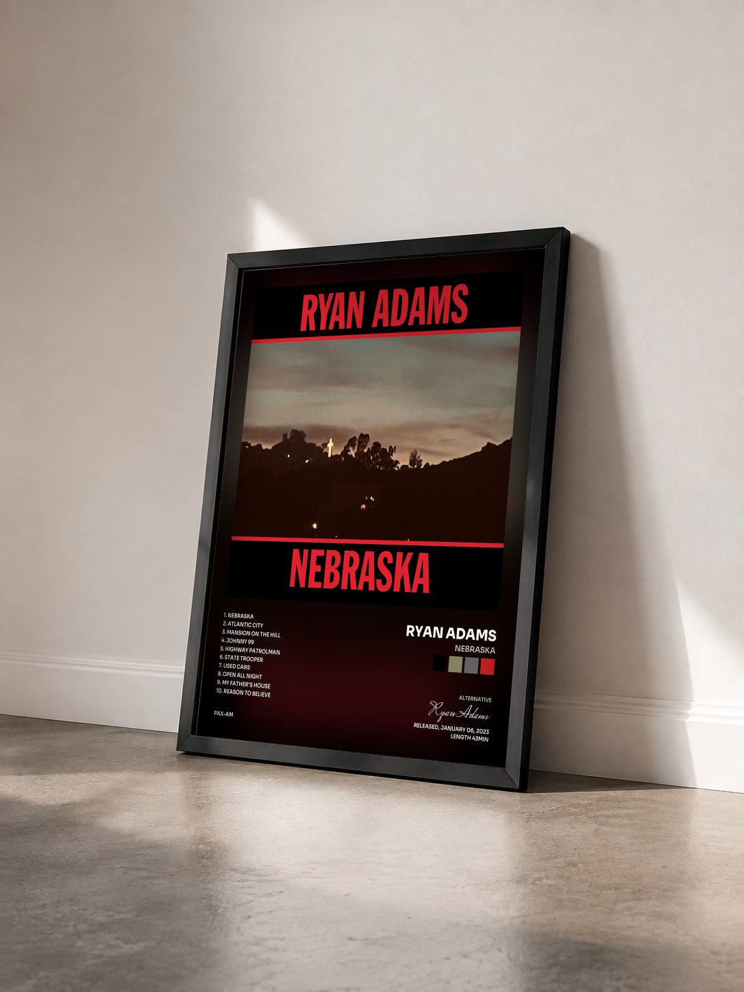 #noir Tableau de l'album Nebraska de Ryan Adams vu de trois quarts, cadre noir