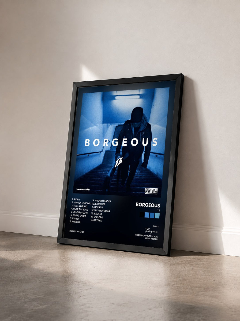 #noir Tableau de l'album 13 de Borgeous vu de trois quarts, cadre noir