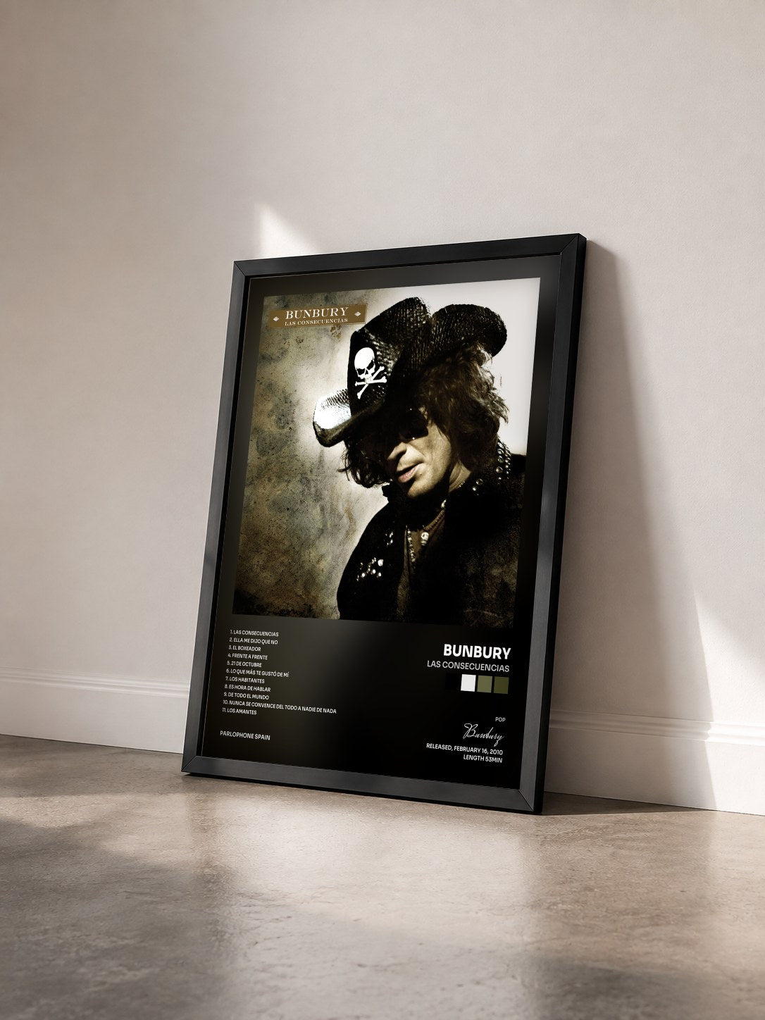 #noir Tableau de l'album Las Consecuencias de Bunbury vu de trois quarts, cadre noir