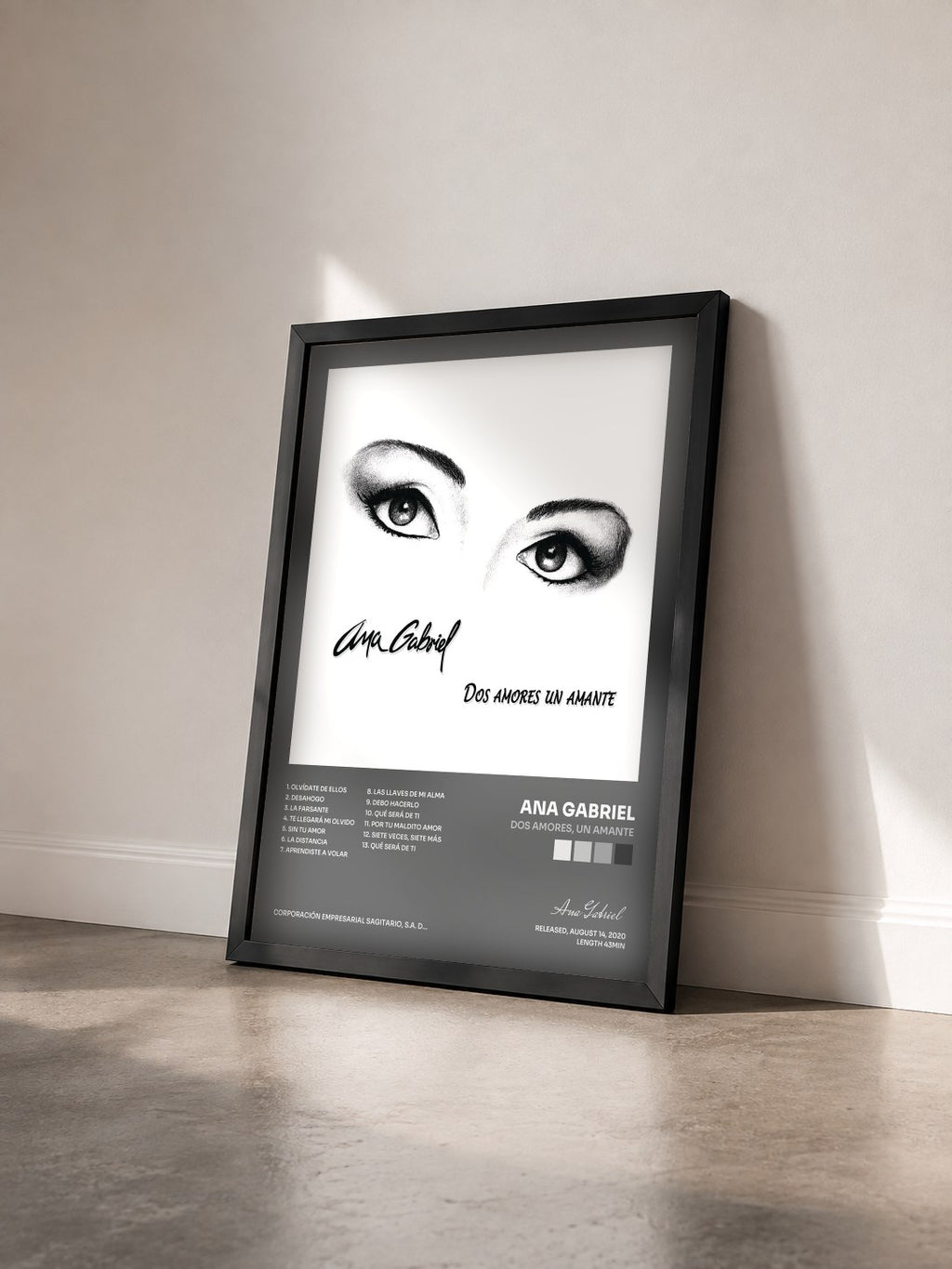 #noir Tableau de l'album Dos Amores, un Amante de Ana Gabriel vu de trois quarts, cadre noir