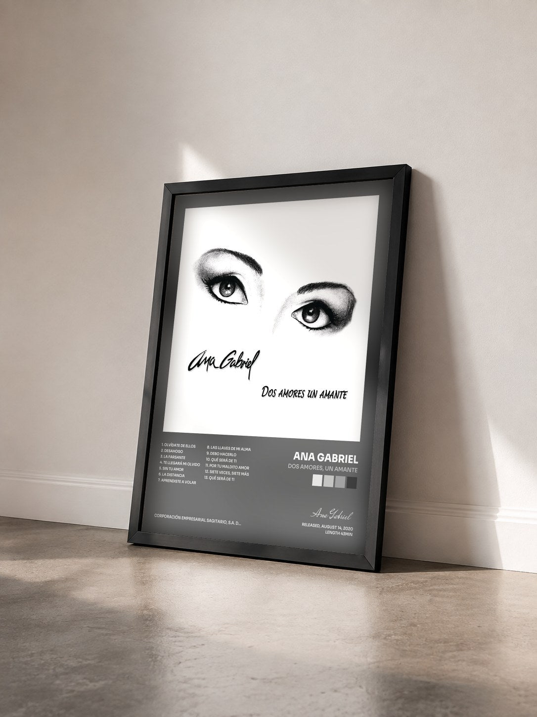 #noir Tableau de l'album Dos Amores, un Amante de Ana Gabriel vu de trois quarts, cadre noir