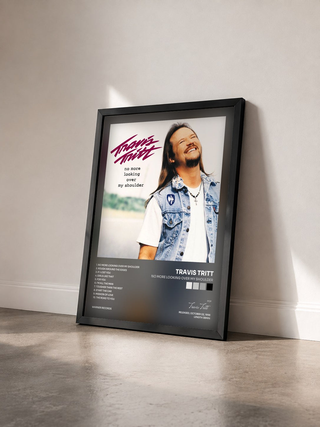 #noir Tableau de l'album No More Looking Over My Shoulder de Travis Tritt vu de trois quarts, cadre noir