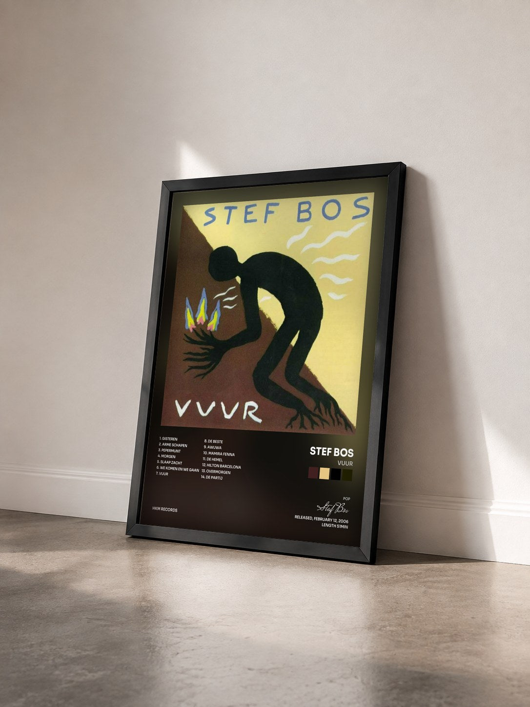 #noir Tableau de l'album Vuur de Stef Bos vu de trois quarts, cadre noir