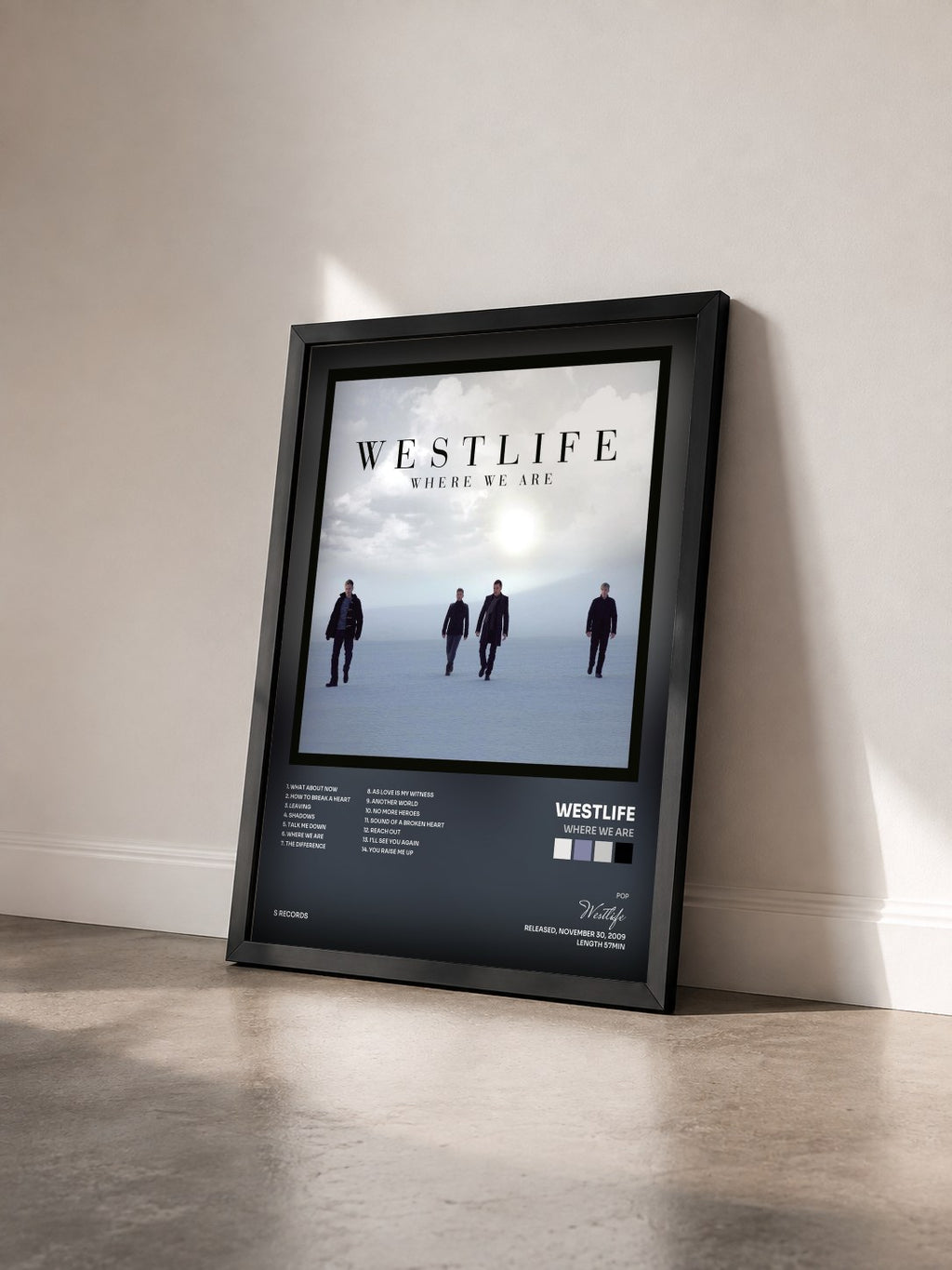 #noir Tableau de l'album Where We Are de Westlife vu de trois quarts, cadre noir