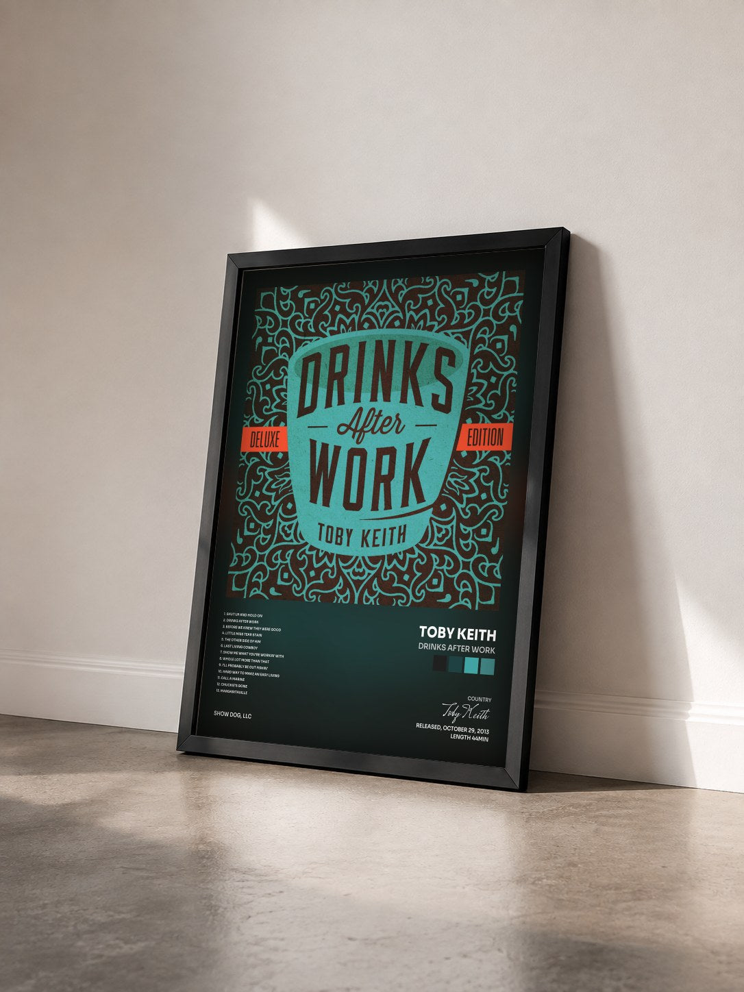 #noir Tableau de l'album Drinks After Work de Toby Keith vu de trois quarts, cadre noir