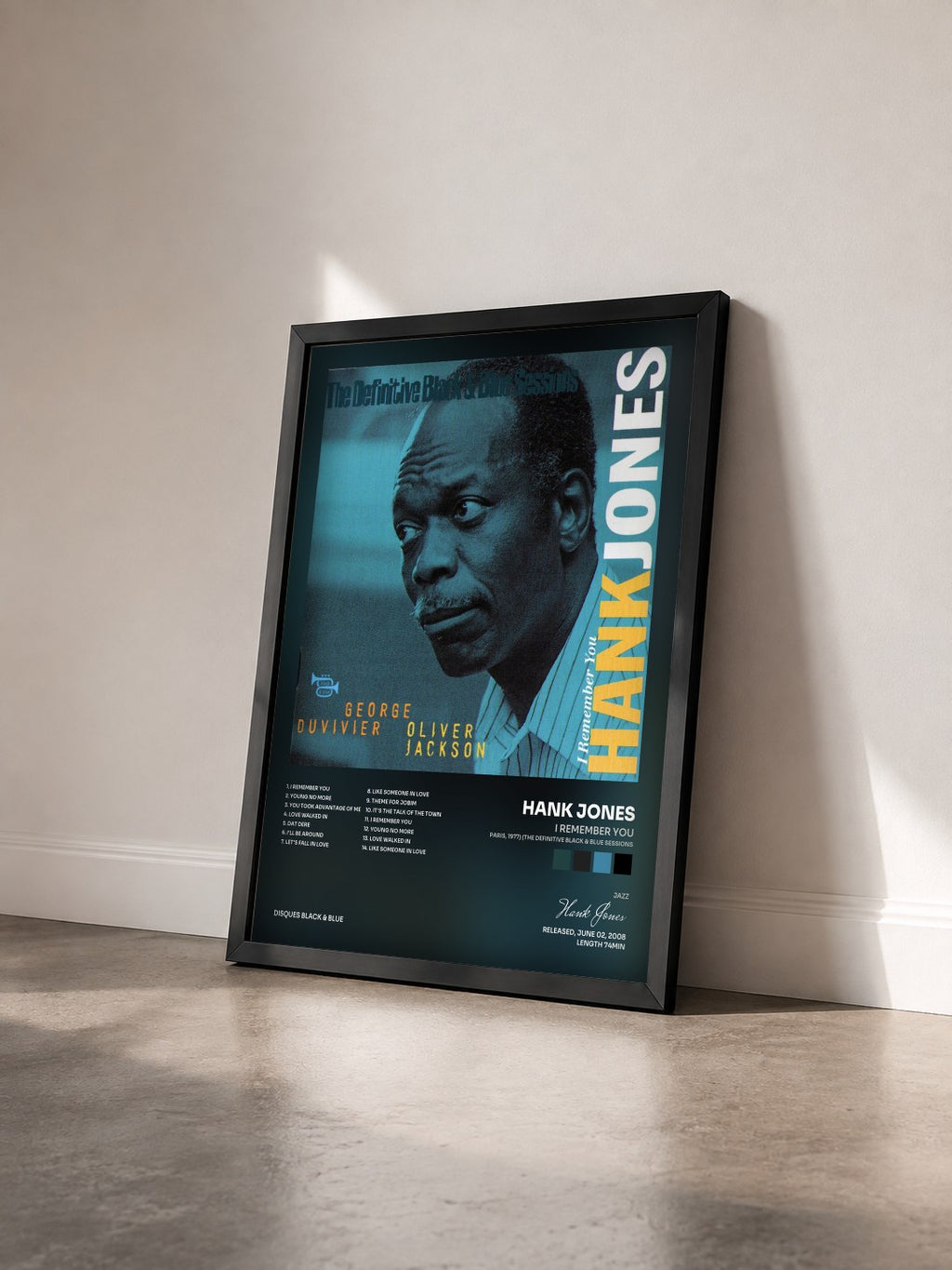 #noir Tableau de l'album I Remember You (Paris, 1977) (The Definitive Black & Blue Sessions) de Hank Jones vu de trois quarts, cadre noir