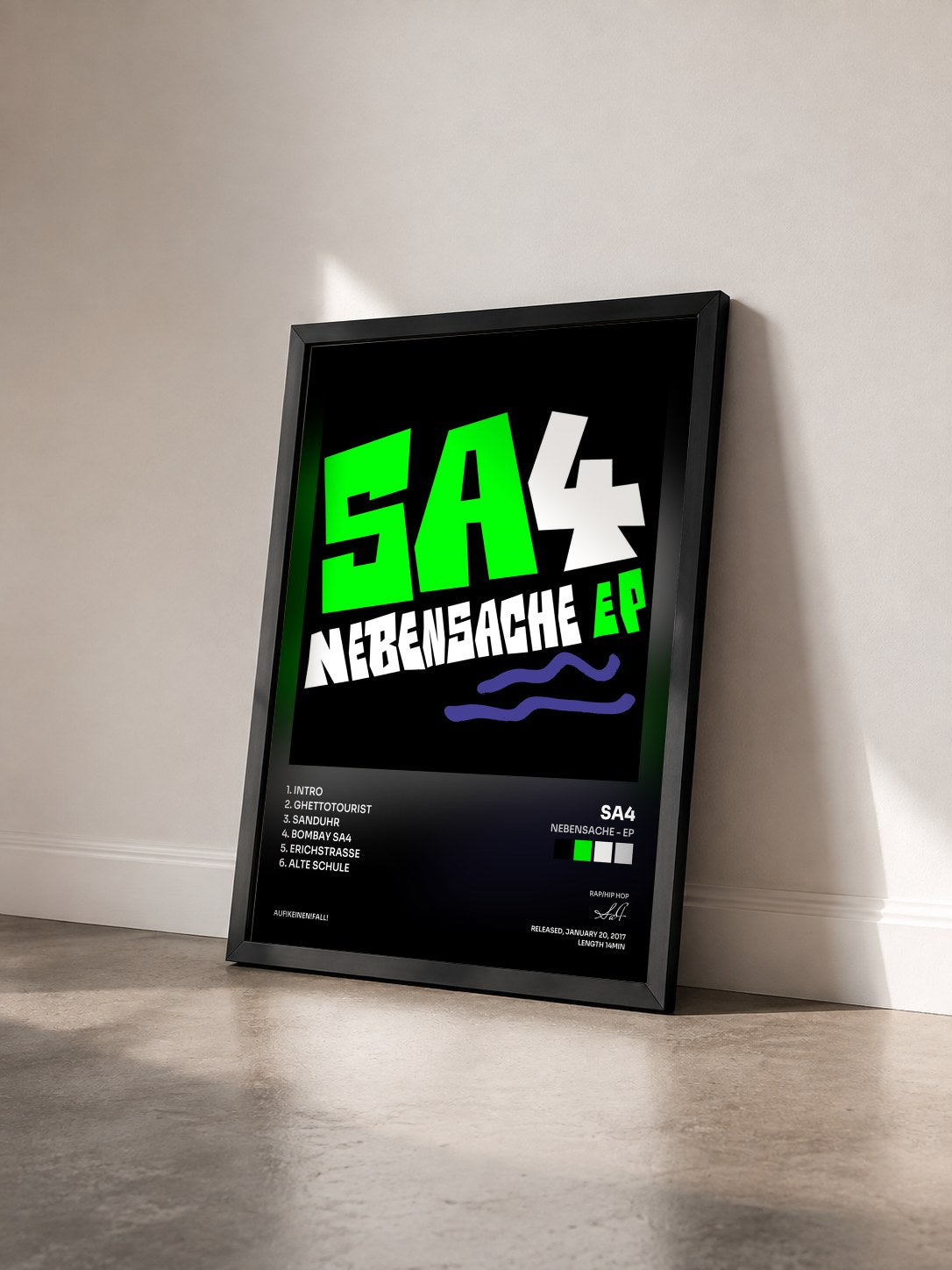 #noir Tableau de l'album Nebensache - EP de Sa4 vu de trois quarts, cadre noir