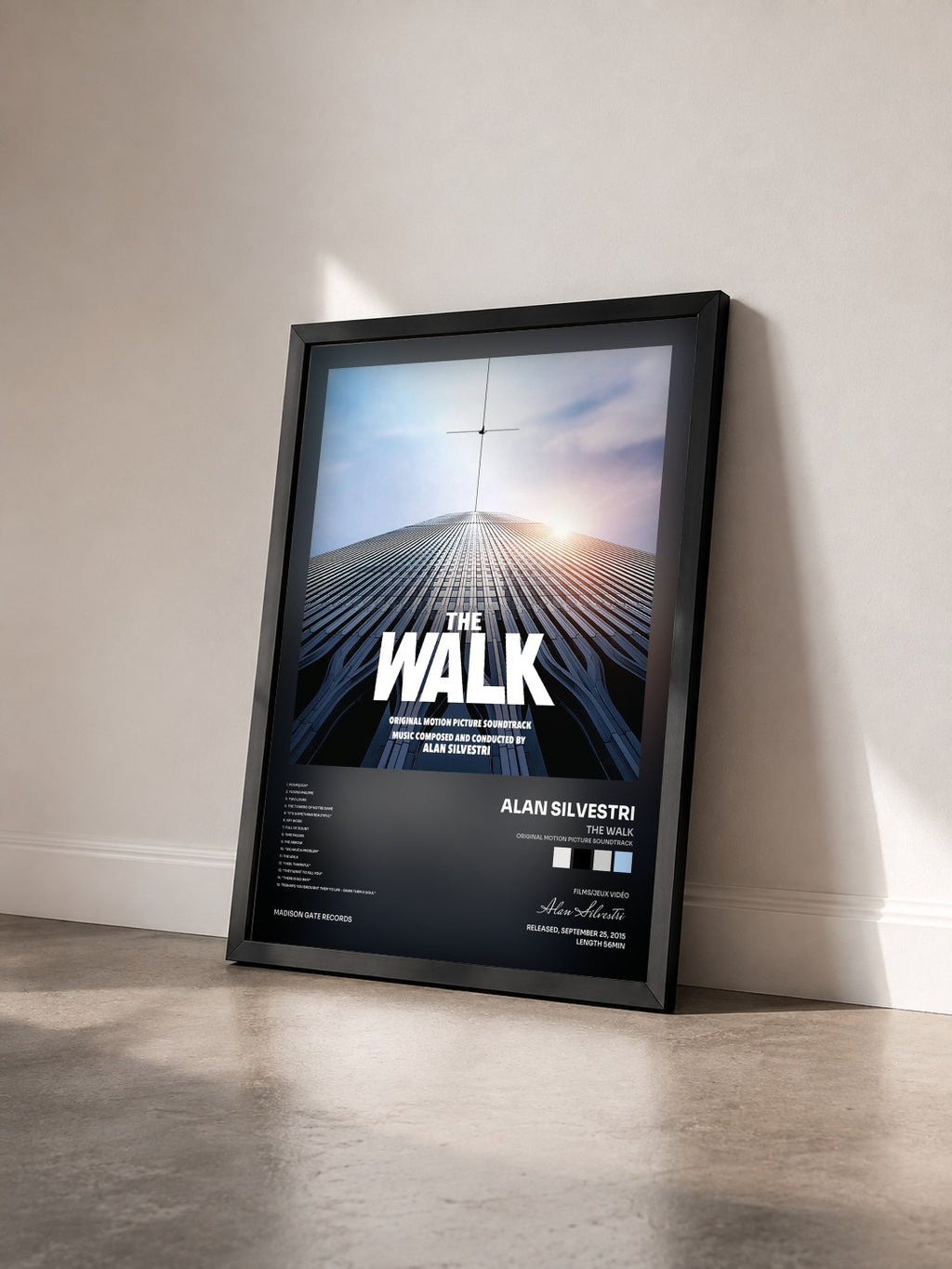 #noir Tableau de l'album The Walk (Original Motion Picture Soundtrack) de Alan Silvestri vu de trois quarts, cadre noir