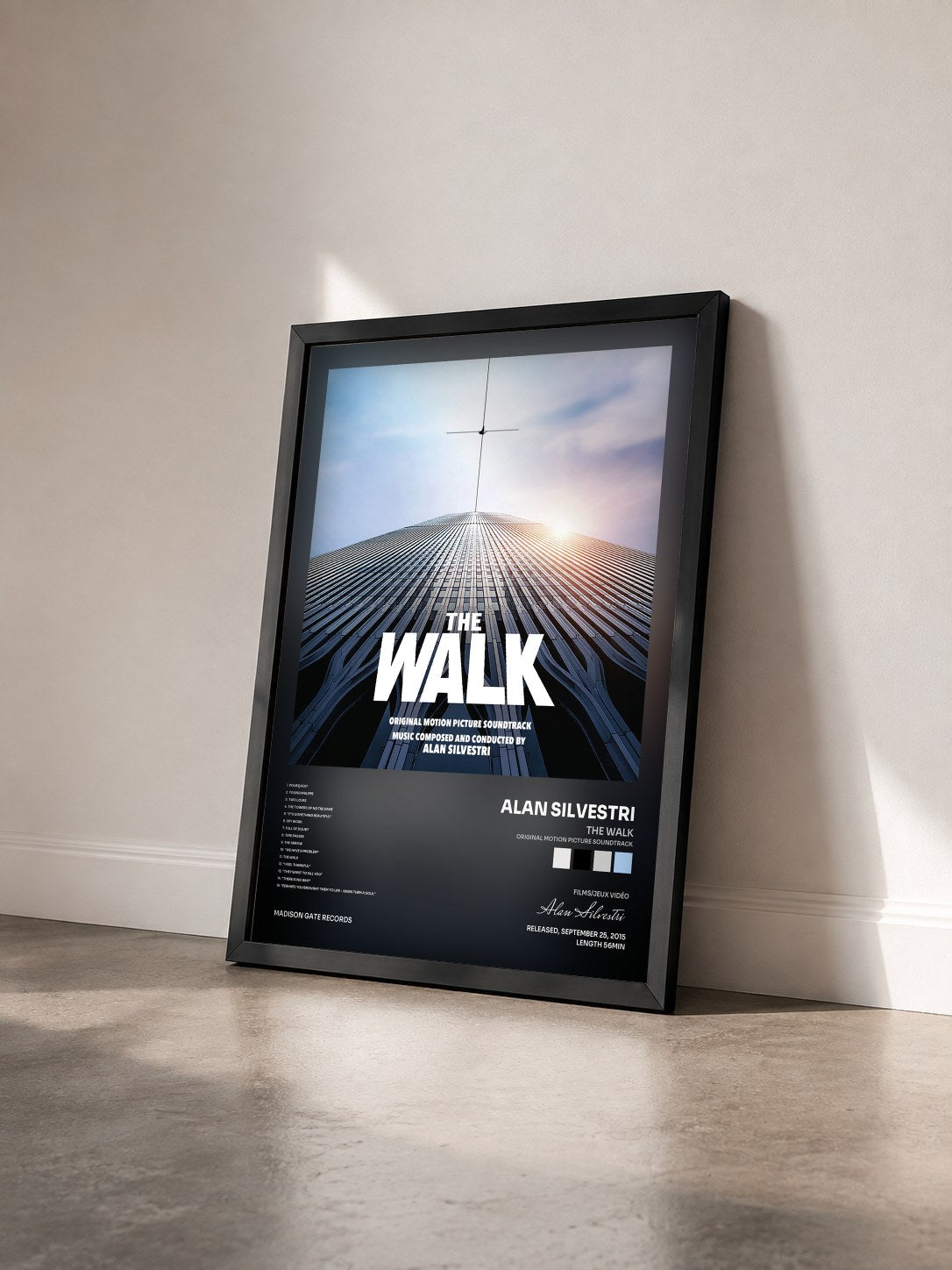 #noir Tableau de l'album The Walk (Original Motion Picture Soundtrack) de Alan Silvestri vu de trois quarts, cadre noir